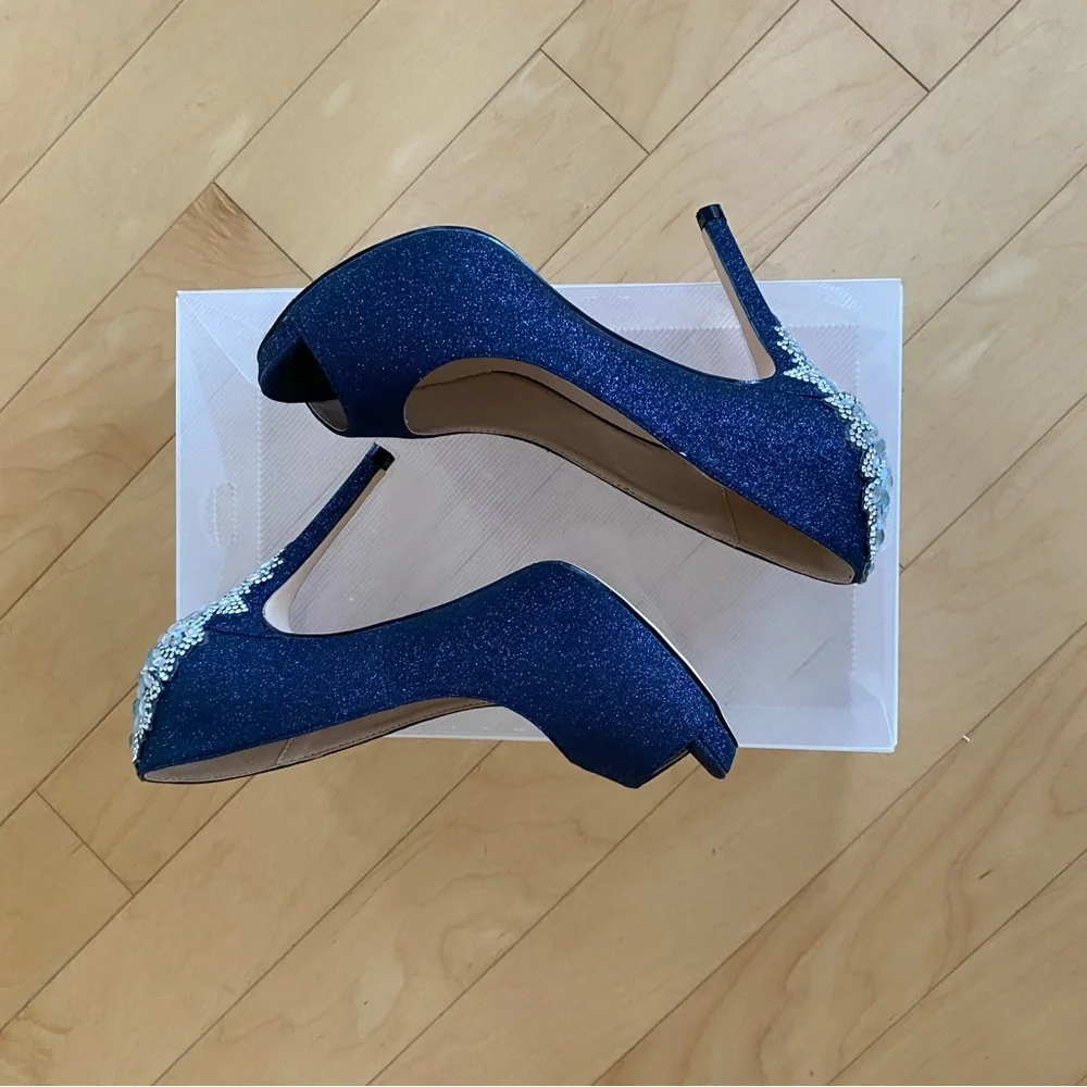 Women's Navy Glitter Peep-Toe Heels with Crystal Accent